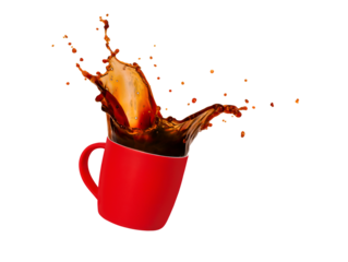 Coffee splash in red cup isolated with transparency