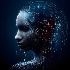 Face recognition and digital self concept, portrait of a female head being digitized, dark blue background