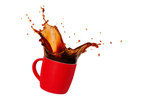 Coffee splash in red cup isolated with transparency