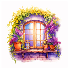 Fototapeta na wymiar Vintage window surrounded by purple flowers watercolor painted ilustration