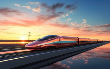 Obraz premium High speed train moving fast at a sunset