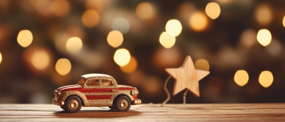 Christmas tree with car toy with beautiful bokeh of Christmas lights on wood table