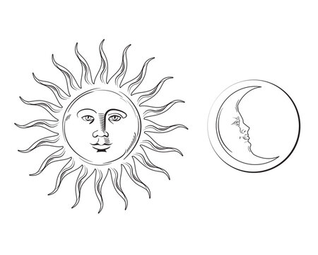 Sun and moon vintage style hand drawn illustration. Vector graphic hand drawn line art illustration of sun and crescent moon with face. Antique style sun and moon hand drawn vector art illustration.