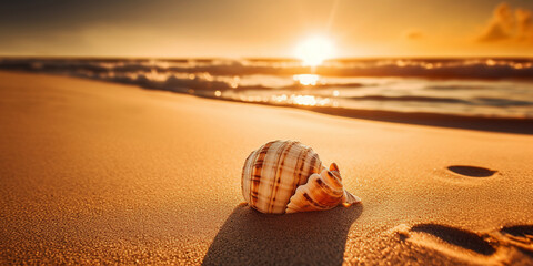 Fototapeta na wymiar A seashell on a sandy beach. Generative AI.