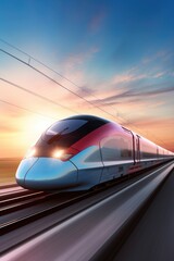 High speed train moving fast at a sunset - obrazy, fototapety, plakaty