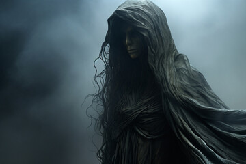 States of mind, horror, sci-fi concept. Female forest creature, wraith or ghost and nature mix concept. Dark and gloomy nature background with mist. Generative AI - obrazy, fototapety, plakaty
