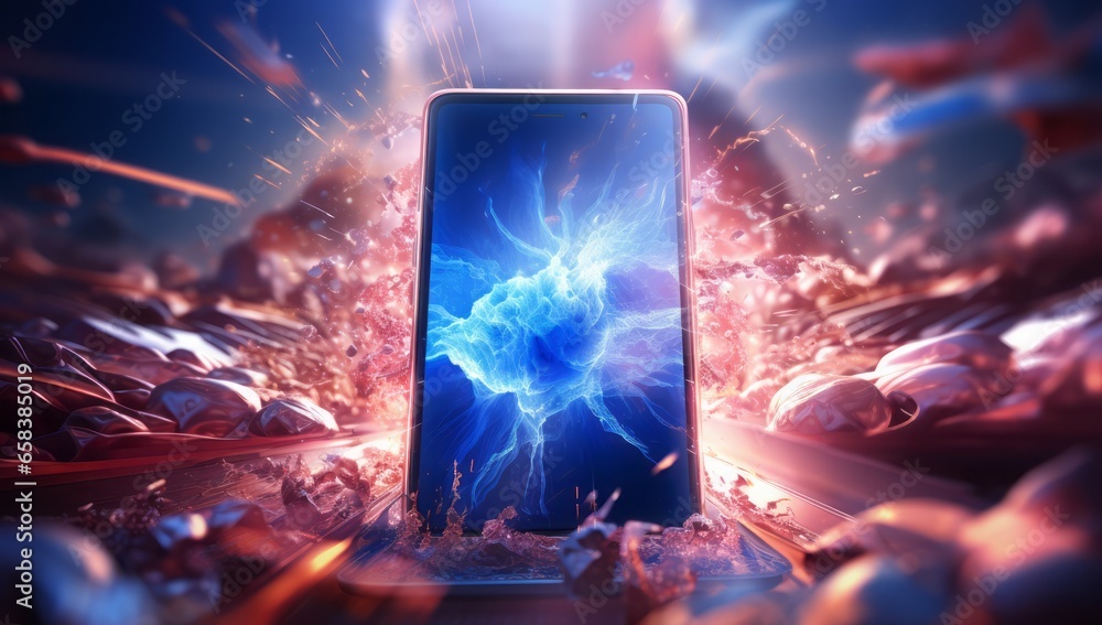 Poster technological fusion: smartphones emerge against an abstract background of flowing light resembling 