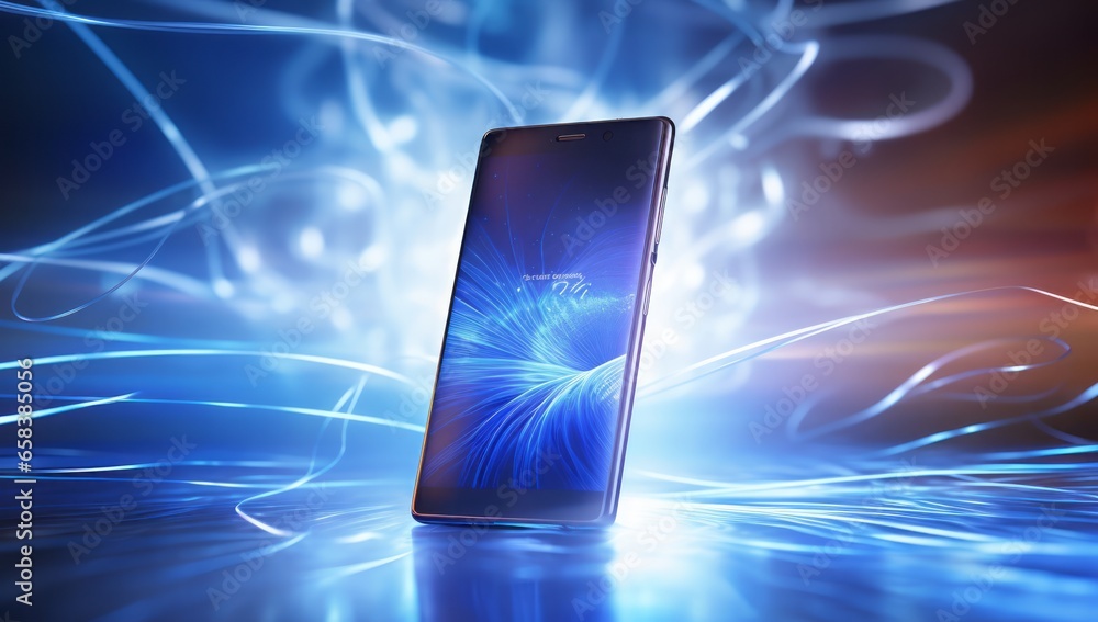 Poster technological fusion: smartphones emerge against an abstract background of flowing light resembling 