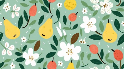 a pattern of fruit and flowers on a green background with leaves and flowers.  generative ai