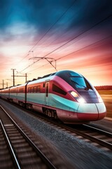 High speed train moving fast at a sunset - obrazy, fototapety, plakaty