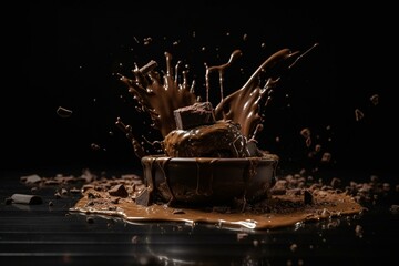 a chocolate splash with chocolate chunks and chocolate chips on a table with a dark background. Generative AI
