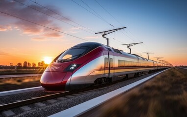 Fototapeta premium High speed train moving fast at a sunset