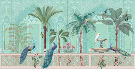 Fotobehang Chinoiseries peacock, Birds Palace garden royal Wallpaper. moroccan decorative garden with peacock frame. © Muhammad