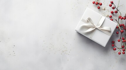  a white gift box with a white bow and some red berries.  generative ai - obrazy, fototapety, plakaty