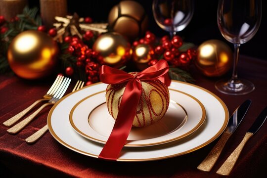 A beautifully decorated Christmas table setting with festive red, gold and silver accents creates a warm and elegant ambiance.
