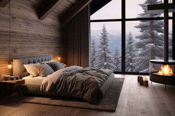 A modern and stylishly furnished bedroom with bright lighting and elegant decor, creating a...