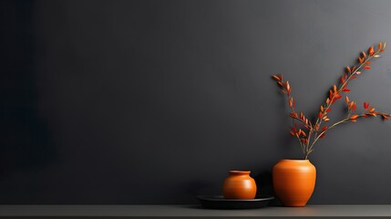 Black and Orange Art Interior Design with Copy Space, Vase, Matte Background, Realistic Still-Life in Minimalistic Japanese Style, Dark Gray, Polychrome Terracotta, Mockup - obrazy, fototapety, plakaty