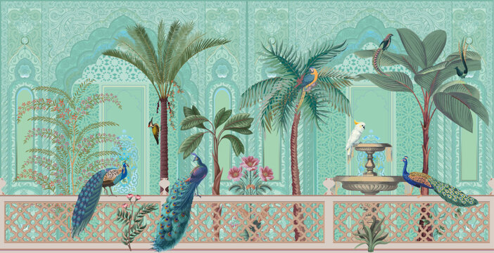 Chinoiseries peacock, Birds Palace garden royal Wallpaper. moroccan decorative garden with peacock frame.