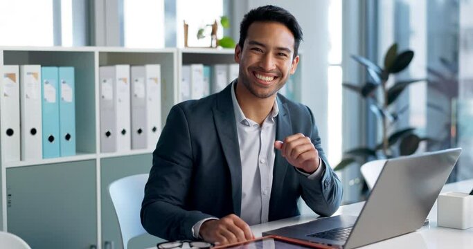 Happy, office laptop and professional man, legal advocate or government attorney with career smile, job experience or pride. Corporate portrait, law firm and professional lawyer working on project