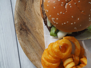 hamburger with twisted fries