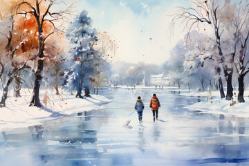 watercolor landscape with children on the winter lake