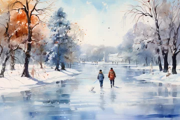 Crédence de cuisine en verre imprimé Blanche watercolor landscape with children on the winter lake