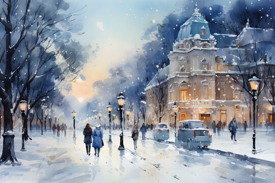 watercolor illustration of winter street in the night