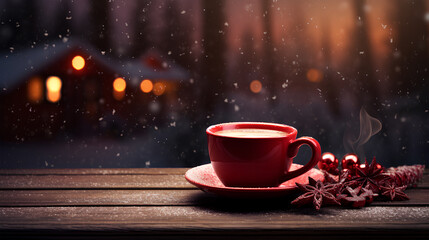 christmas hot drink in the red cup with bokeh lights background