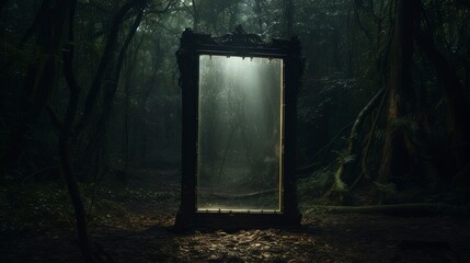 Dark mysterious forest with a magical magic mirror, a portal to another world. Night fantasy forest. - obrazy, fototapety, plakaty