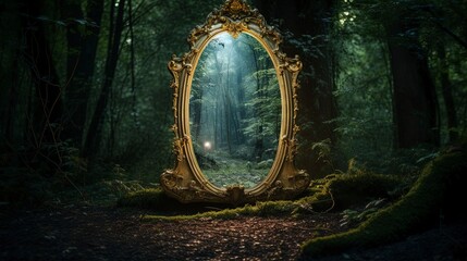 Dark mysterious forest with a magical magic mirror, a portal to another world. Night fantasy forest.