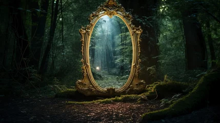 Fototapete Feenwald Dark mysterious forest with a magical magic mirror, a portal to another world. Night fantasy forest.
