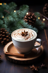 cup of coffee on a dark wooden background with christmas tree branches with cones 