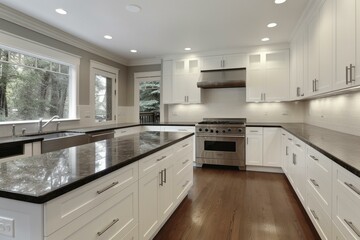 Contemporary kitchen with sleek white design and contrasting dark granite counter. Generative AI