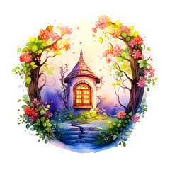 Fairytale house at night surrounded by leaves and flowers in nature watercolor hand painting vector ilustration