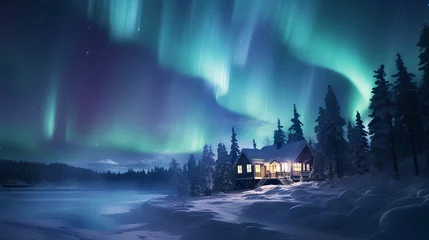 Fototapeten aurora borealis in the winter forest © EvhKorn
