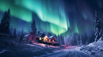 aurora borealis in the winter forest