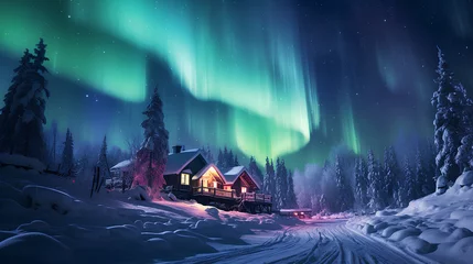 Fotobehang aurora borealis in the winter forest © EvhKorn