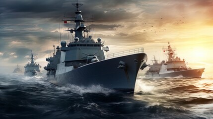 Modern warships in the Atlantic ocean. Generation AI