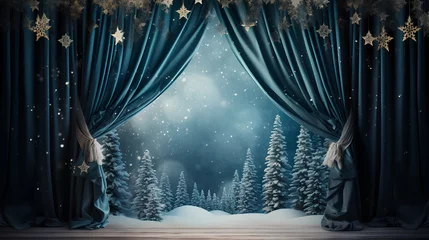 Photo sur Aluminium Blue nuit christmas scene with winter forest, fir branches, snowflakes and lights