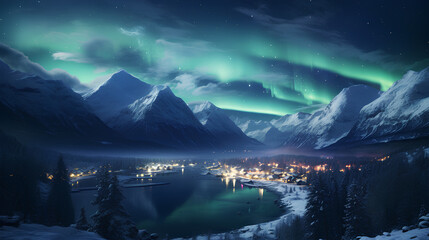 night landscape with a mountain and aurora borealis in the background.