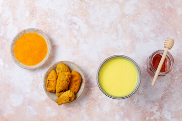 Moon milk for better sleep. Turmeric Golden milk with cinnamon, honey.