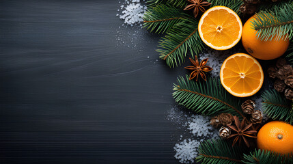 christmas composition with fir branches and tangerines
