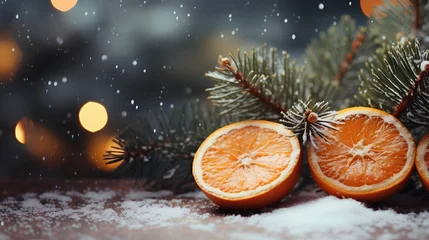 Foto op Plexiglas christmas background with tangerines and fir tree branches © EvhKorn
