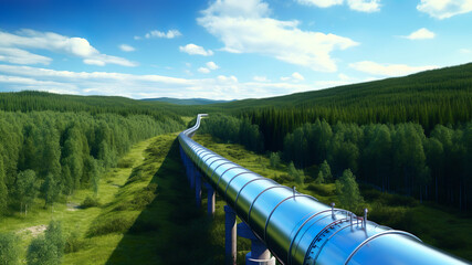 pipeline, in the photo pipeline close-up against a background of green forest and blue sky