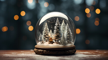 christmas snow globe with snow and pine trees on dark background