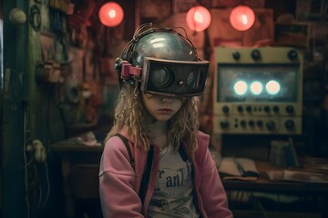 a child girl wearing a vr googles in cyberpunk setting and old machines - generative ai - obrazy, fototapety, plakaty
