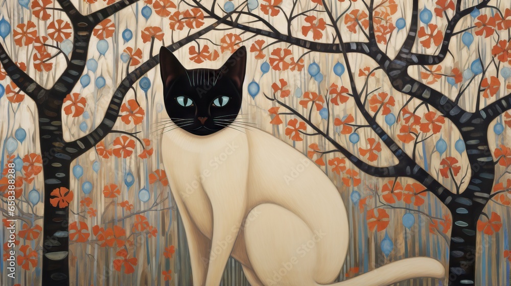 Wall mural a painting of a cat sitting in front of a tree. generative ai