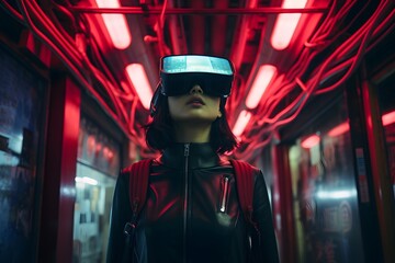 person wearing vr googles in the red neon street - generative ai - obrazy, fototapety, plakaty