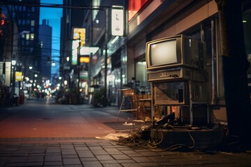 old CRT tv on the street in dystopian cyberpunk city - generative ai