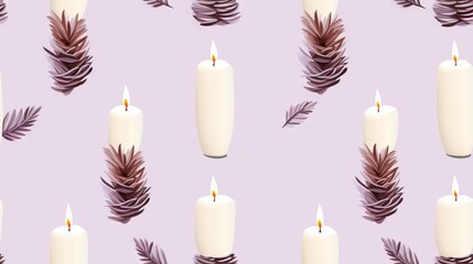  a pattern of white candles with brown leaves on a purple background.  generative ai